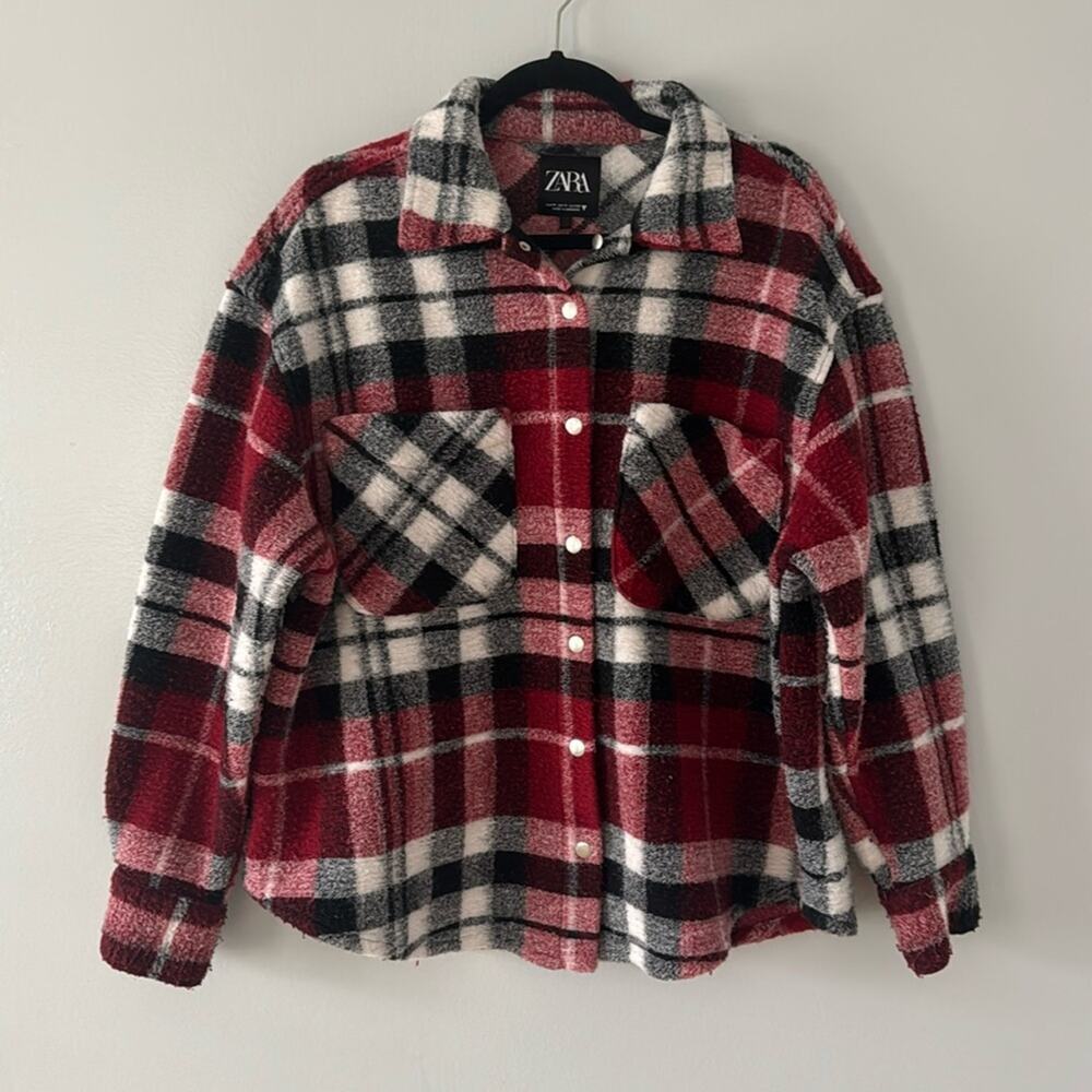 Zara Women's Plaid Fleece Jacket Winter Date Night Holiday Oversized